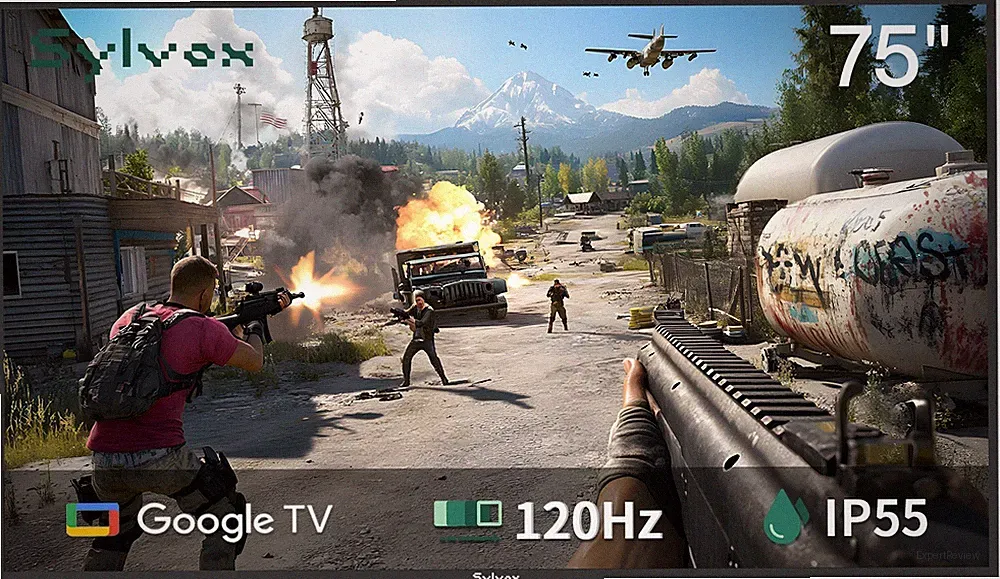 SYLVOX 75In Outdoor TV 120Hz Google TV 4K UHD Dolby Atmos IP55 Wasserdicht