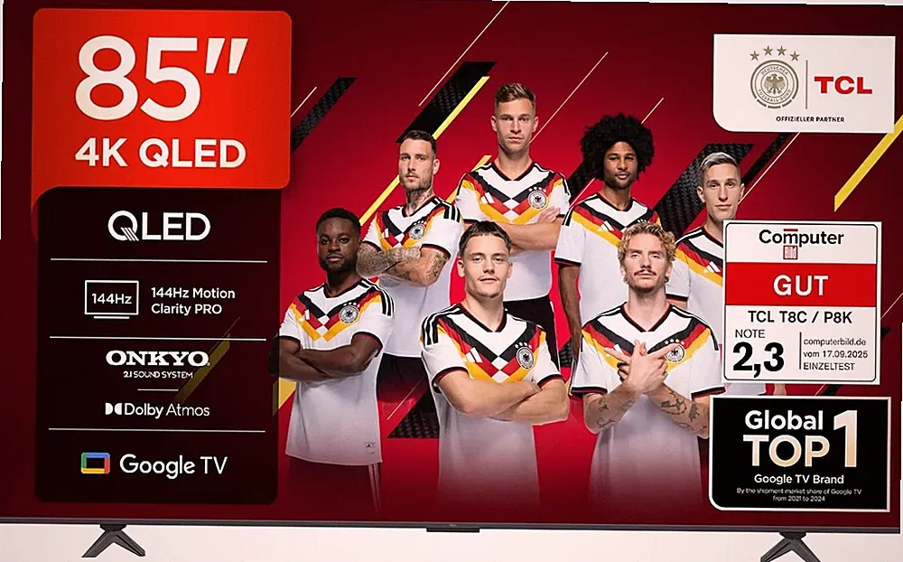 TCL 85T8C 85“ QLED 4K HDR Ultra HD Fernseher, Smart TV mithilfe von Google TV