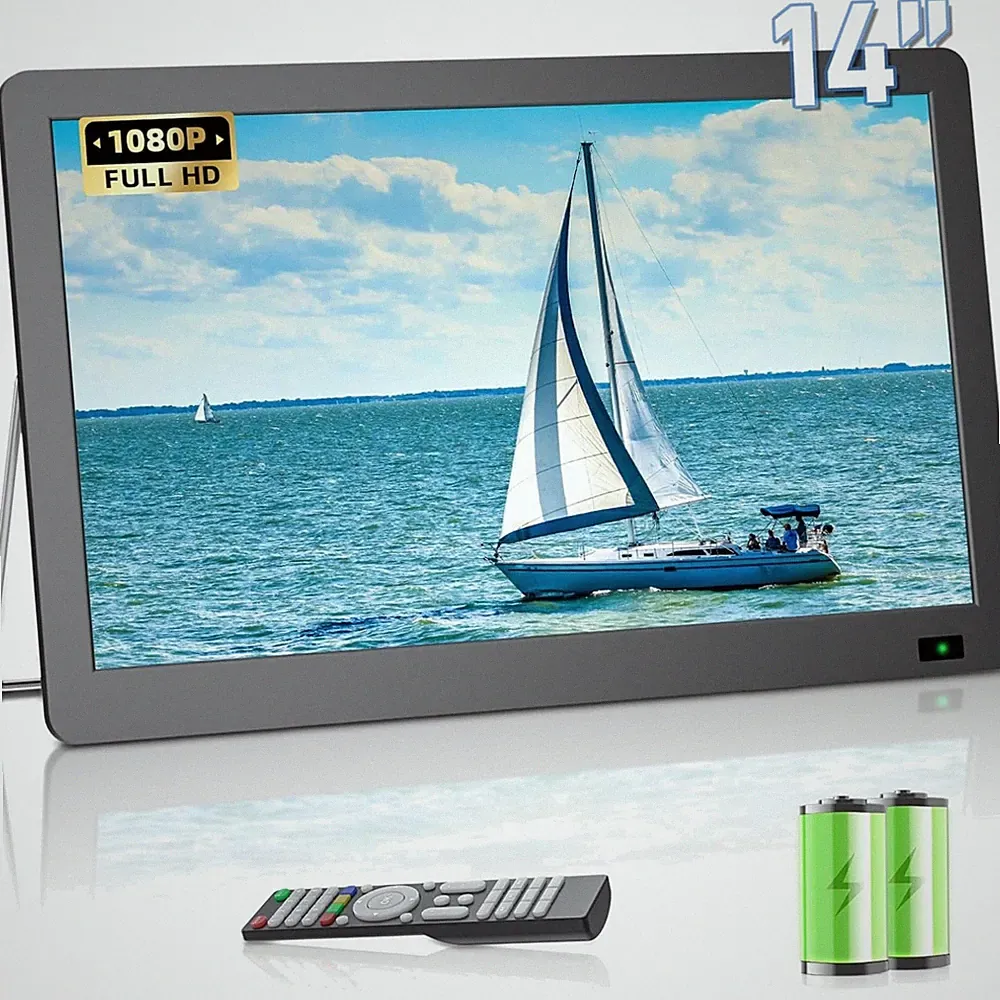 Tragbarer 14,3-Zoll Full HD Fernseher mit DVB-T2 Tuner Akku HDMI USB Mini LCD