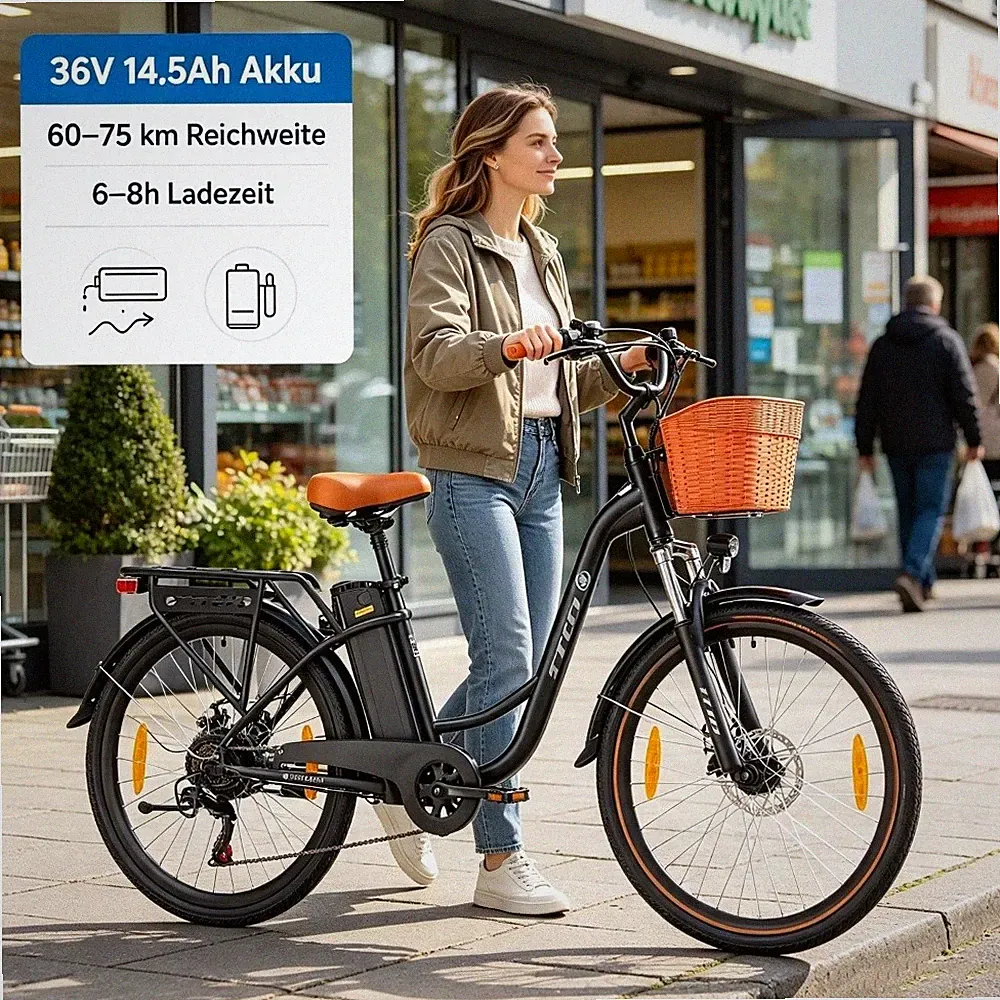 TTGO YY-26ST 26Zoll City Elektrofahrrad 250W E-bike 36V 14,5AH für Unisex 75KM