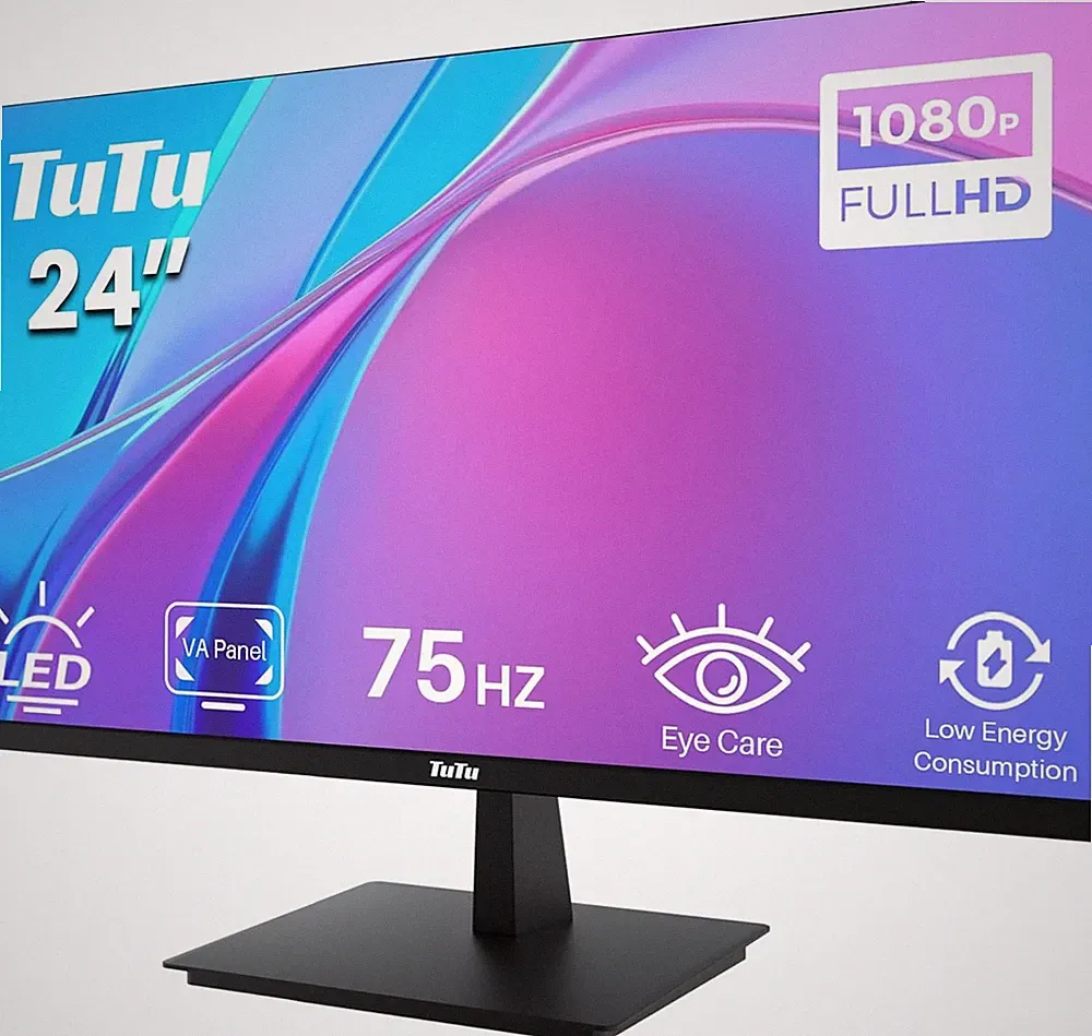 TuTu 24 Zoll Monitor Full HD VA Panel Randlos 75HZ Eye Care 1920x1080 Bildschirm