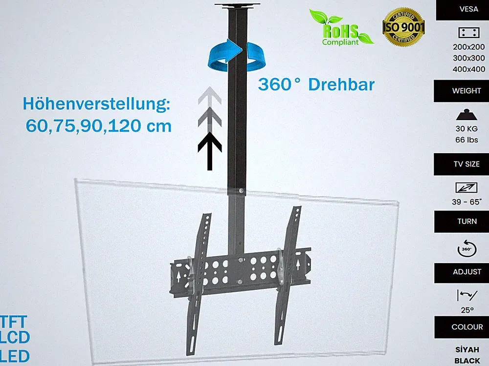 TV Dekenhalterung 360° Drehbar mit Höhenverstellbarer Halterung 39-65 Zoll