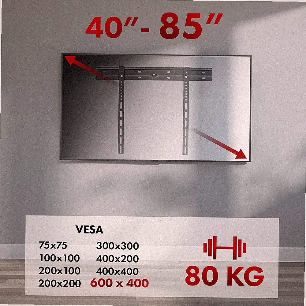 TV-Halterung Wandhalterung Ultraflache 40-85 Zoll VESA 600x400 80kg Schwarz