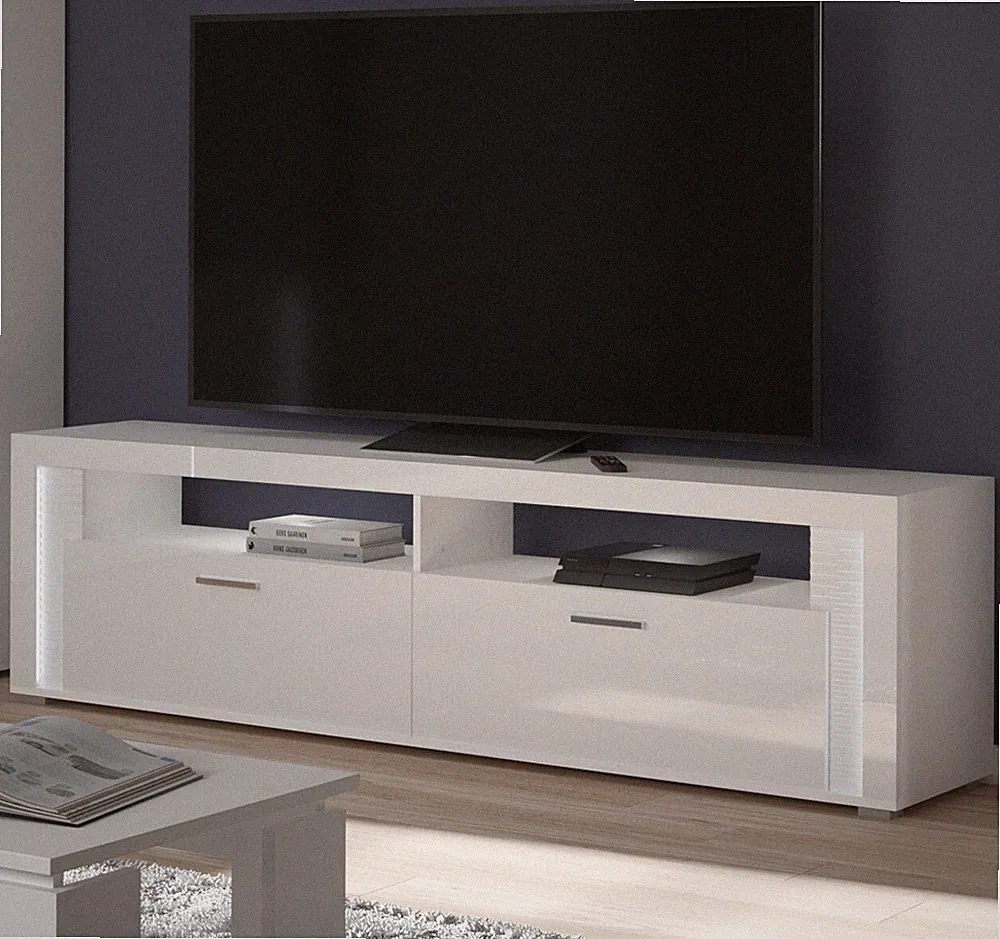 TV Lowboard Fernseher Unterschrank weiß Hochglanz 200 cm + Beleuchtung Sunroof