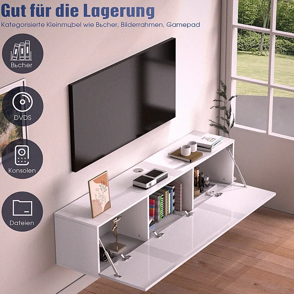 TV Schrank mit LED-Beleuchtung Hochglanz Hängend/Stehend Lowboard 140cm Weiß