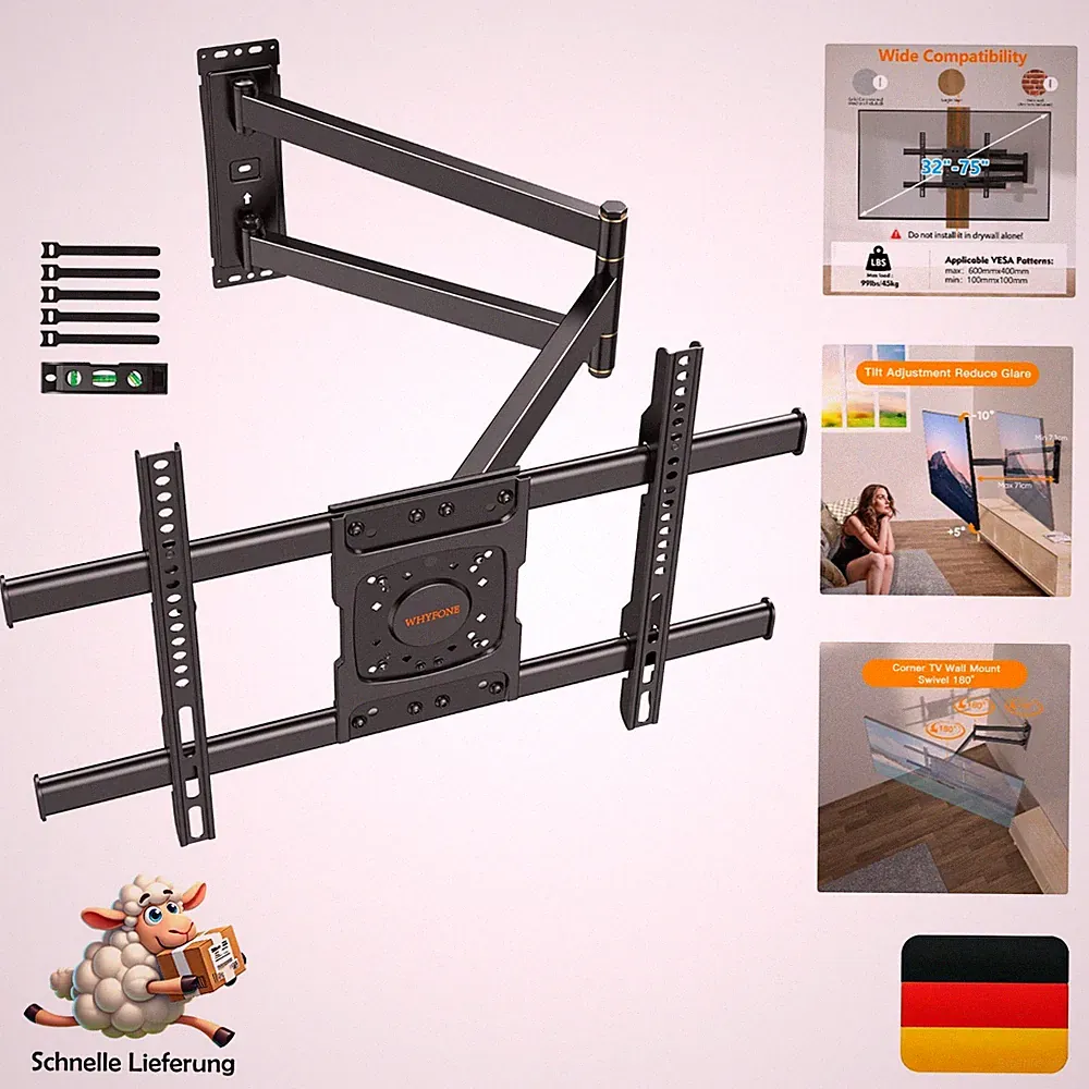 TV Wandhalterung Schwenkbar für 32-75 Zoll Fernseher, 710mm mit 180° Drehung