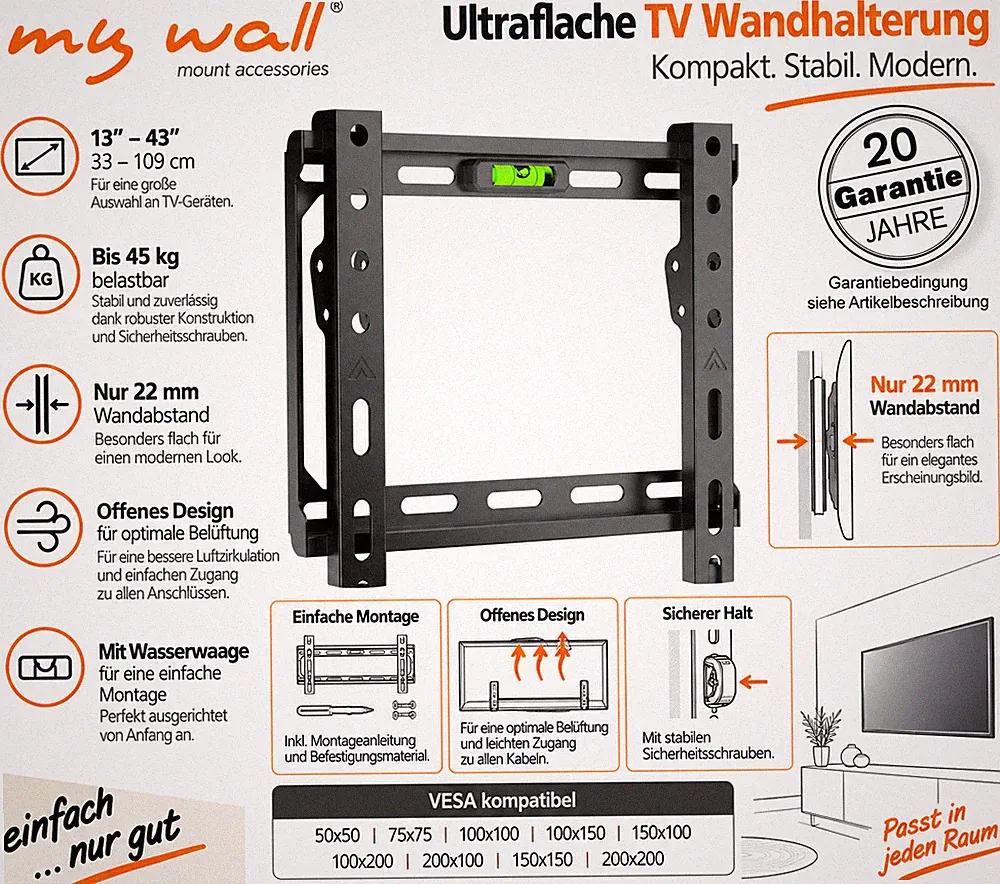 TV Wandhalterung Starr 32-85 Zoll Ultra Slim VESA Fernseher Halterung
