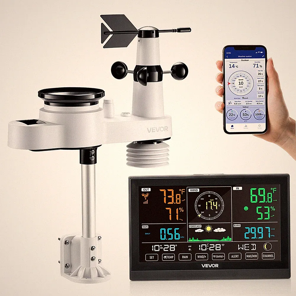 VEVOR 5-in-1 WLAN-Wetterstation 7,5-Zoll-Display solarbetriebener Wettercenter