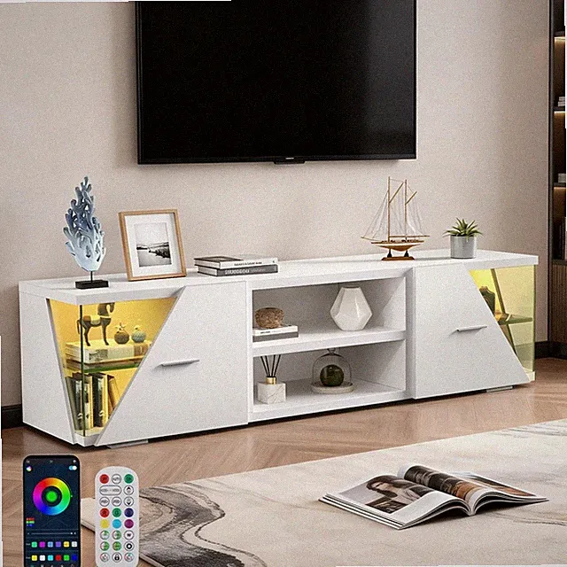 Weiß TV Schrank mit 2 Türen Stauraum Moderner 35-60 zoll TV mit LED-Leuchten